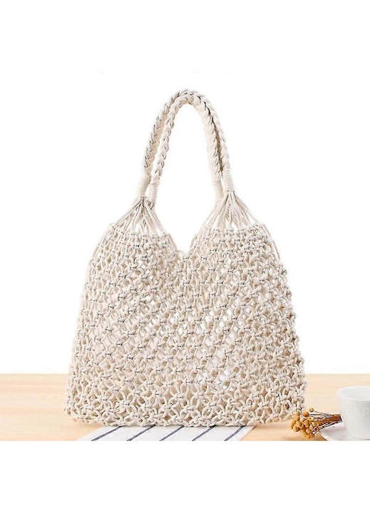 Geanta de plaja din bumbac si paie, alb, 39.99x35.09x18.09 cm