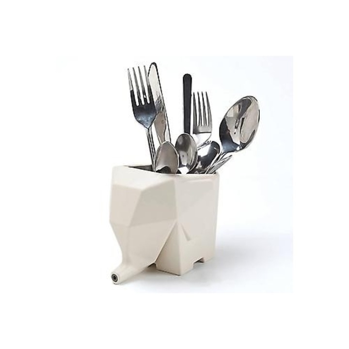 Поставка за прибори слон бял с отвор за отцеждане 15x10x12cm