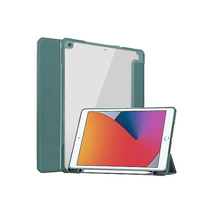 Husa tableta 10.2, transparenta, flip orizontal, suport 3 pliuri, suport stilou, verde