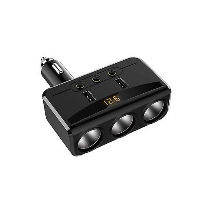 Adaptor incarcator auto, 3 prize bricheta, 2 porturi USB, negru, 12x5x3cm