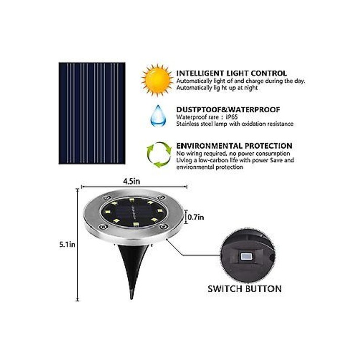 Градински соларни лампи, комплект 4 бр., 8 LED, студено бяло, IP65, 20x8см