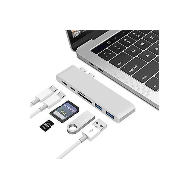 USB-C хъб от алуминий за MacBook Pro 13x15 инча, компактен, сребрист