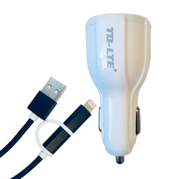 Kit Incarcator Auto Alb/Negru, Accesorii GSM 2in1 Incarcare Auto, conector Lightning+MicroUSB Kit Incarcator Auto Alb/Negru, Accesorii GSM 2in1 Incarcare Auto, conector Lightning+MicroUSB
