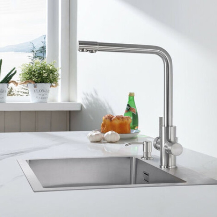Konyhai csaptelep, 304 rozsdamentes acél, ergonomikus fogantyú, modern design, ezüst