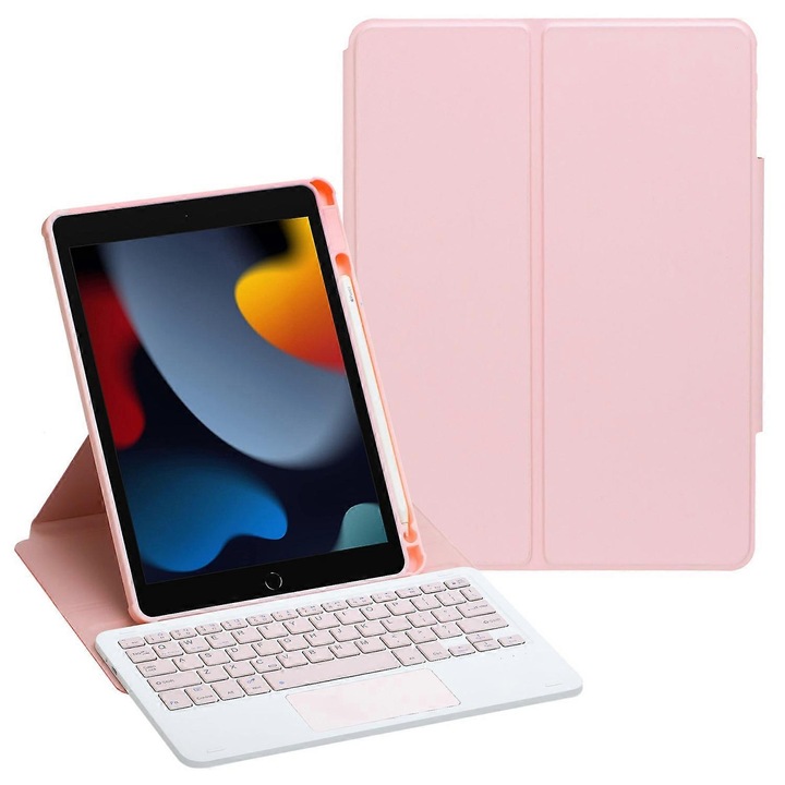 Husa tableta cu tastatura Bluetooth 5.0, suport rotativ, roz, 10.2x10.5 inch