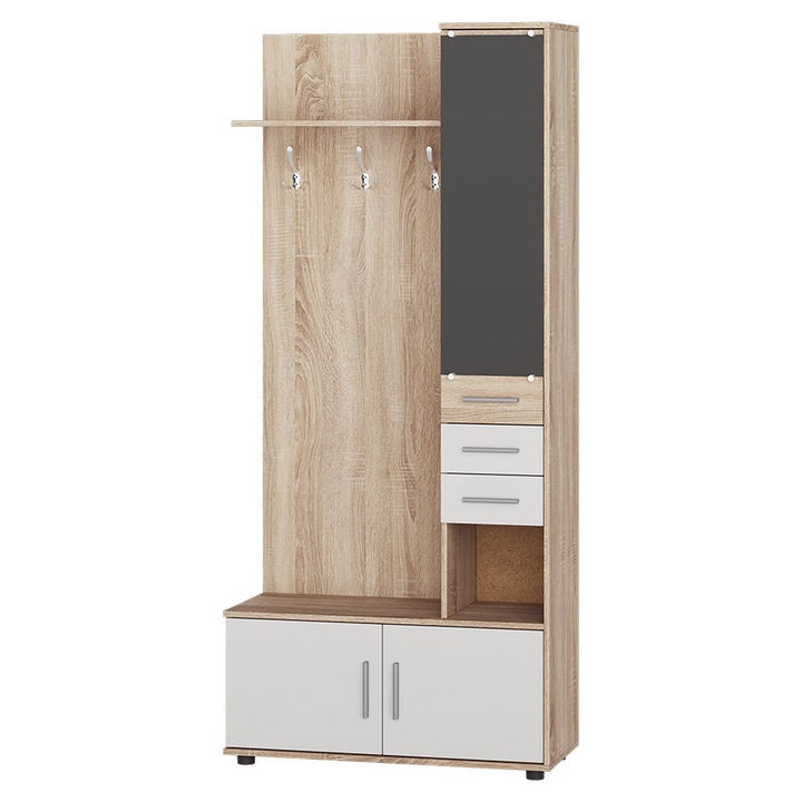 Set mobilier hol Everest Riviera, cuier, oglinda, sonoma inchis-alb, 90x38x200 cm