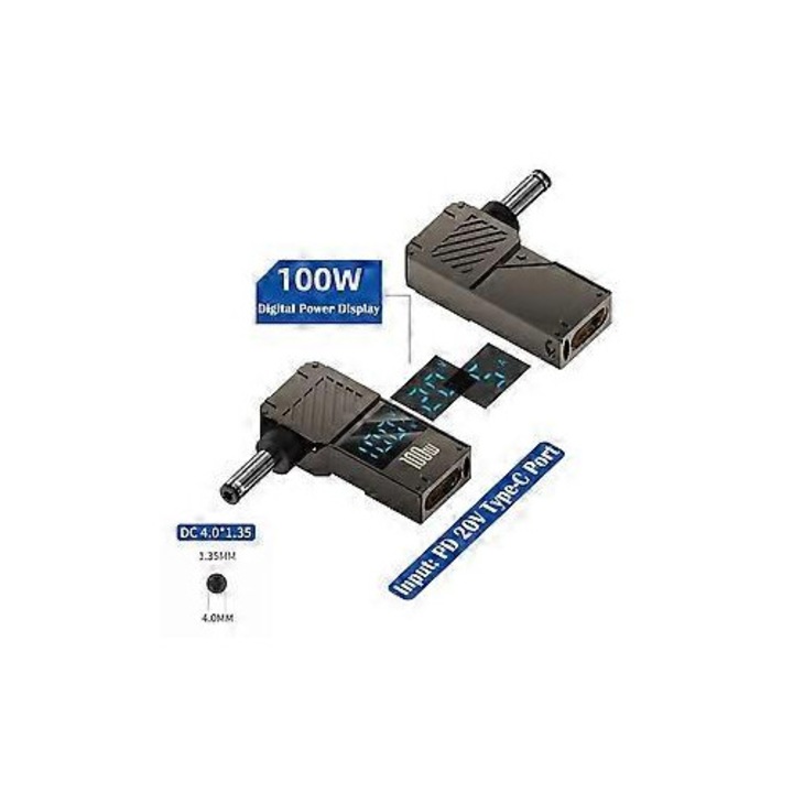 Laptop töltő adapter 100W PD, digitális kijelző, cink, kompakt, fekete