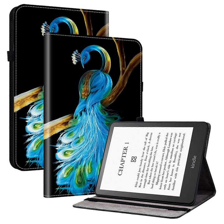 Калъф за таблет от PU кожа с модел паун, със стойка и слотове за карти за Kindle Paperwhite 2024