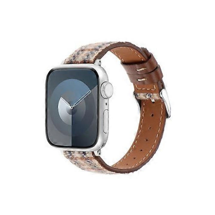 Curea ceas piele si lana, maro, 90x120mm, compatibil Apple Watch