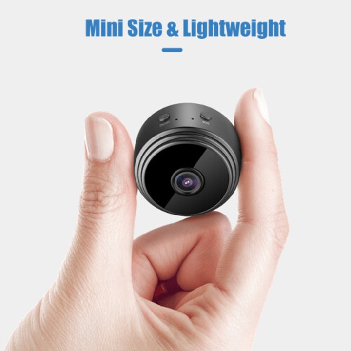 Camera mini WiFi 1080P unghi larg 150, vedere nocturna IR, detectie miscare, memorie 128GB, negru 4.4x4.4x2.4cm