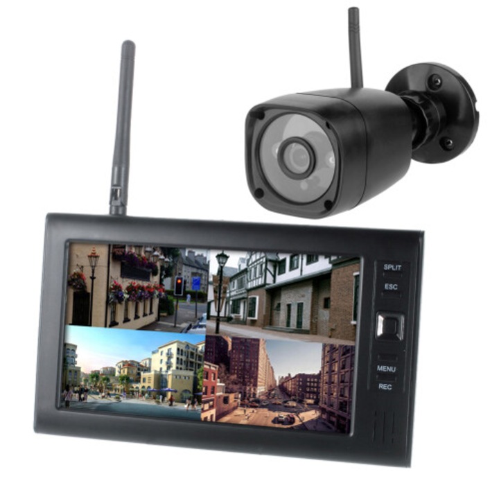 Vezeték nélküli 720P megfigyelő kamera rendszer 7 hüvelykes monitorral, éjjellátó funkcióval, 30m átviteli távolsággal