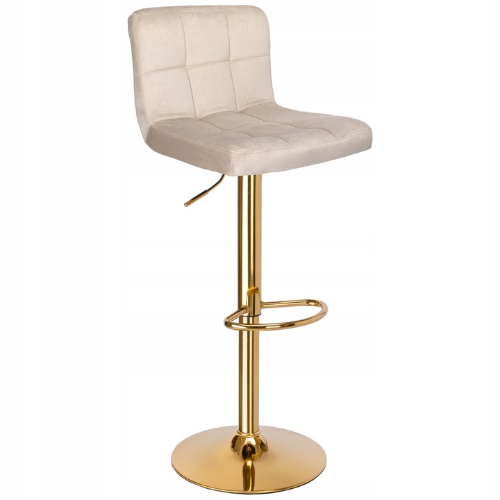 Scaun bar rotativ, piele bej velvet, auriu, reglabil, 87x107cm