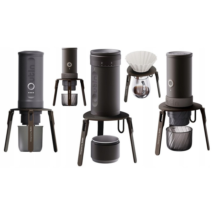 Suport Pentru Espressor Si Dripper, OutIn, Stand Pliabil, Aluminiu Anodizat, Ultra Usor Si Compact, Trepied Stabil, Carabina Inclusa, Ideal Pentru Calatorii, Camping, Biuac Si Casa, Compatibil Cu OutIn Mino Nano, 123 g, Gri