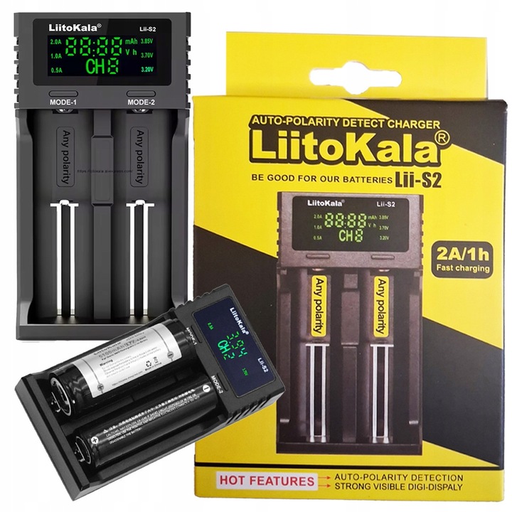 Incarcator Acumulatori, LiitoKala, Lii-S2, Inteligent Cu 2 Sloturi, Pentru Baterii Li-Ion, Ni-MH, AA, AAA, 18650, Functie Power Bank, Ecran Digital LCD, Detectare Automata Polaritate, Alimentare USB C, 2 A, Activare 0V, 84 g, 118 x 63 x 30 mm, Negru