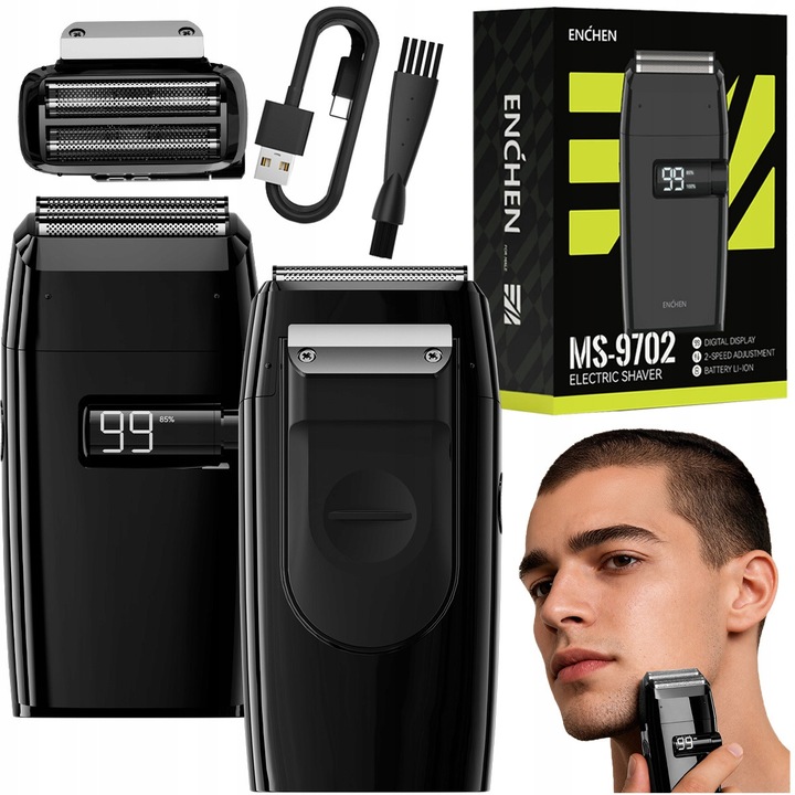 Aparat de Ras, ENCHEN, MS-9702, Shaver Electric Portabil pentru Barba si Mustache, Autonomie 120 min, Motor Puternic 7000 RPM, Ecran Digital LED, 2 Trepte de Viteza, Dubla Folie Mobila, Trimmer Incorporat, Incarcare USB-C, Argintiu