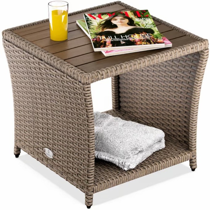 Masuta pentru terasa/balcon/gradina Casaria, 40x45x45cm, din poliratan, placa din lemn de salcam, Crem