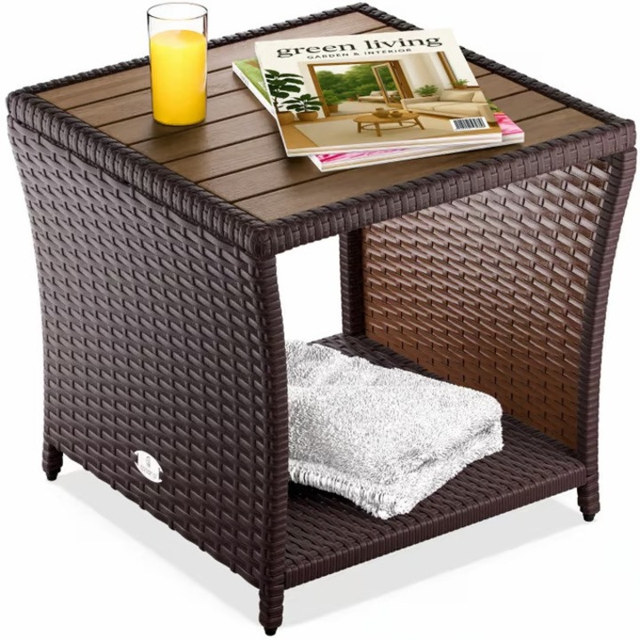 Masuta pentru terasa/balcon/gradina Casaria, 40x45x45cm, din poliratan, placa din lemn de salcam, Maro