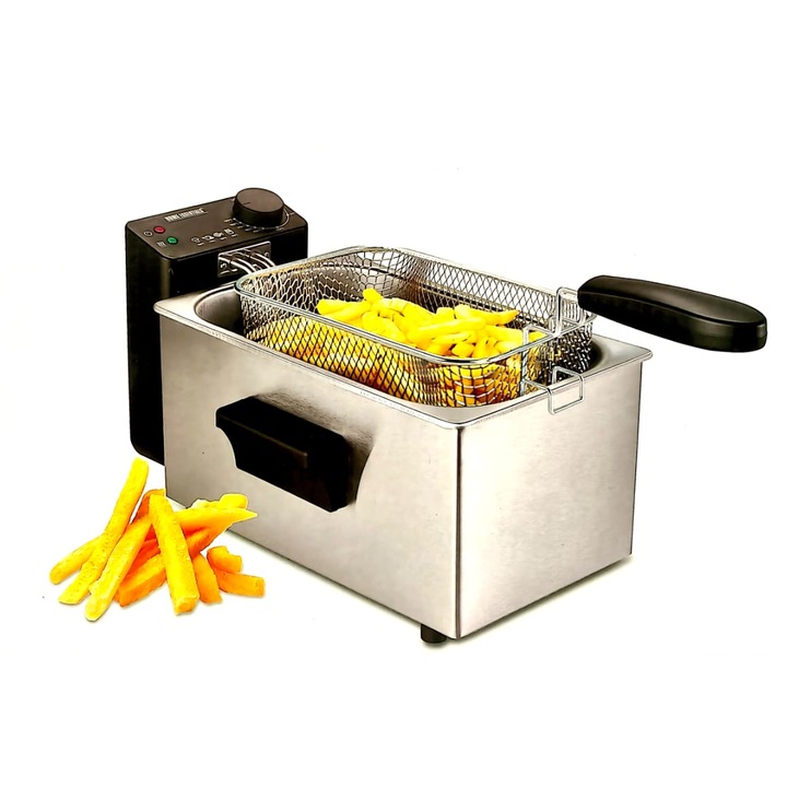 Elektromos olajsütő, Home Essentials Deep Fryer, 3L, 2200W, kivehető rozsdamentes acél tartály, állítható termosztát 130-190°C