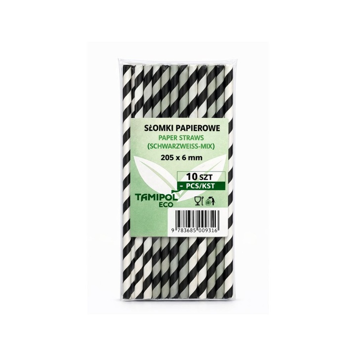 Biopack papírszívószál, fekete csíkos, 20.5x0.6cm, 10 db-os szett