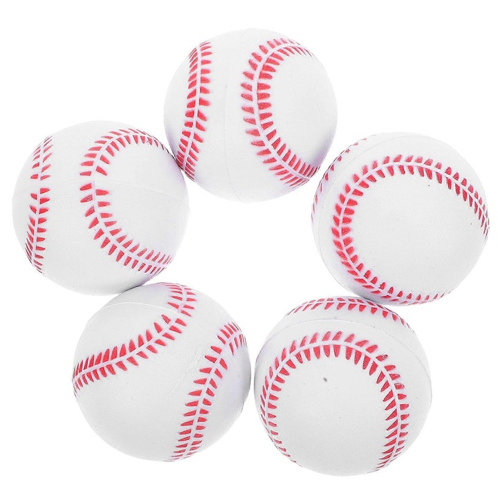 Set 5 mingi baseball sport din cauciuc, alb, 6.3x6.3x6.3cm