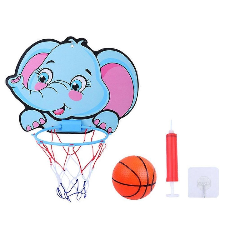 Set baschet copii, cadru suspendat, lemn plastic nylon, multicolor, 34x30x20cm