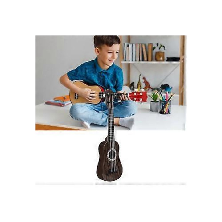 Gyermekjáték gitár, 4 húros, sötét fa mintás, műanyag