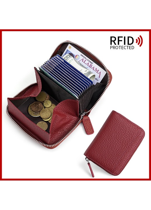 Női valódi bőr pénztárca, RFID védelemmel, harmonika típusú kártyatartó cipzárral, nagy kapacitású érmetartó