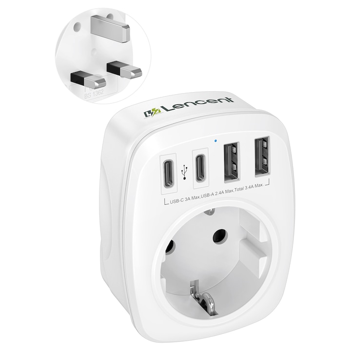Adaptor Priza UK, Adaptor Tip G, Adaptor Priza Anglia Malta cu USB Calatorie, LENCENT®, 1 Schuko stecher+2 USB C+2 USB A, Siguranta Copii, AC Max 3250W(100-250V), Tip G priza pentru Anglia, Irlanda, Cipru, Malta, Malaezia, Singapore