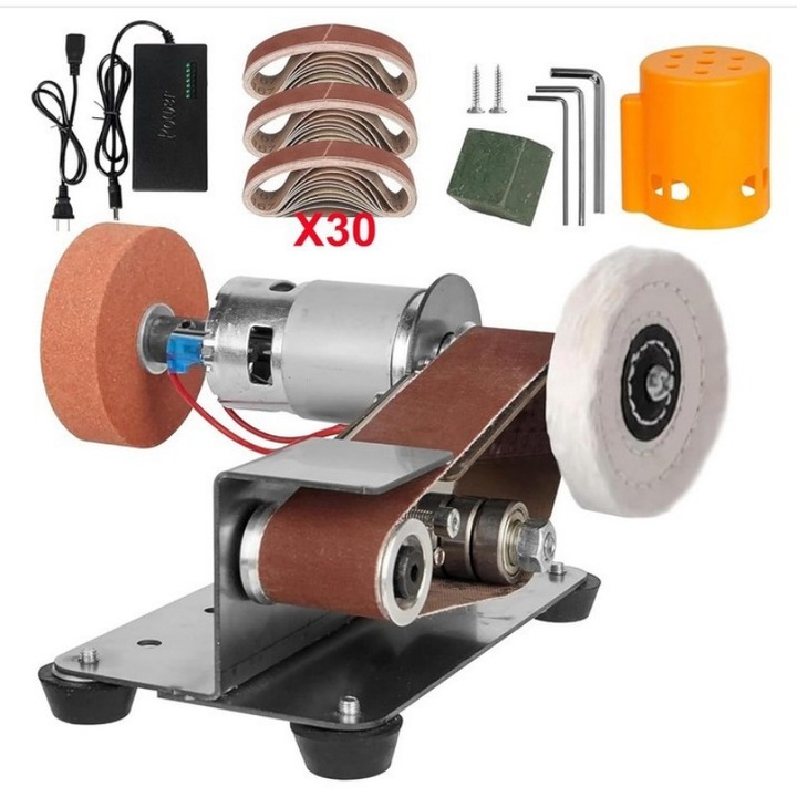 Mini Szalagcsiszoló 3 az 1-ben, Elektromos Asztali Csiszoló, 15 Fokos Szög, Állítható Pufferes Polírozó 7 Sebességgel, Fémhez, Fához, DIY Kézműveskedéshez, Késélezéshez, Komplett Készlet Tartozékokkal