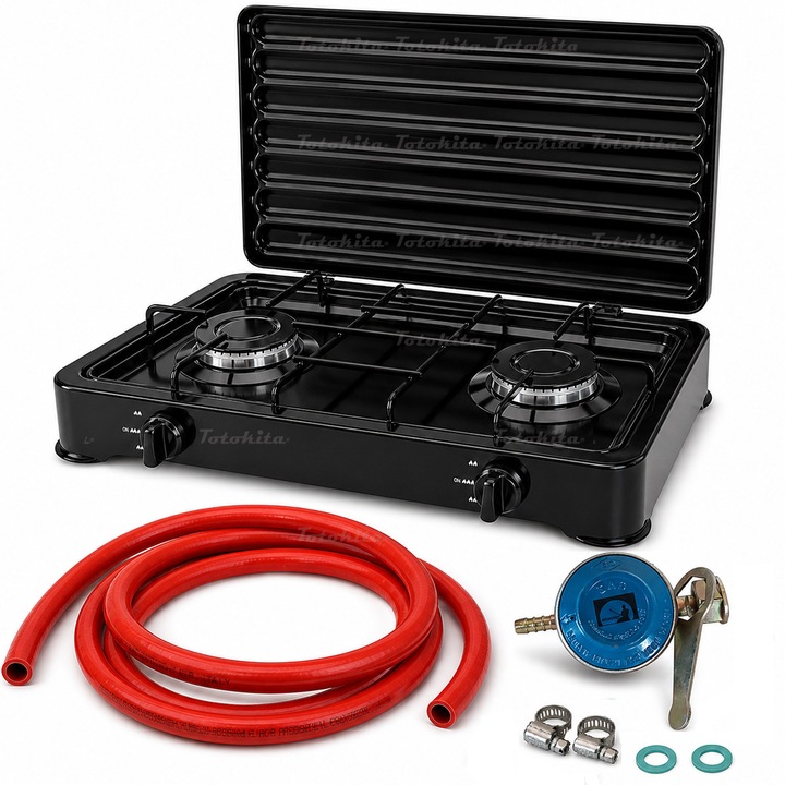 Aragaz 2 ochiuri portabil pe gaz, pentru butelie GPL, 4.4 kW, set cu regulator, furtun 2 m, coliere si garnituri, Totokita®