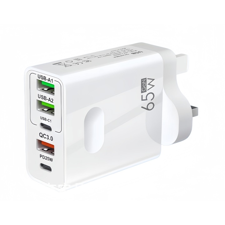 65W fali töltő, 5 USB port, fehér, 9.9x5.3x3cm