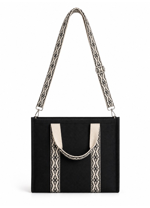 Geanta Dama Tote Bag Neagra Textila Cu Model Tribal Bej 31x12x26cm Fermoar Manere Duble Bareta Reglabila Umar Plaja Oras Shopping Vacanta