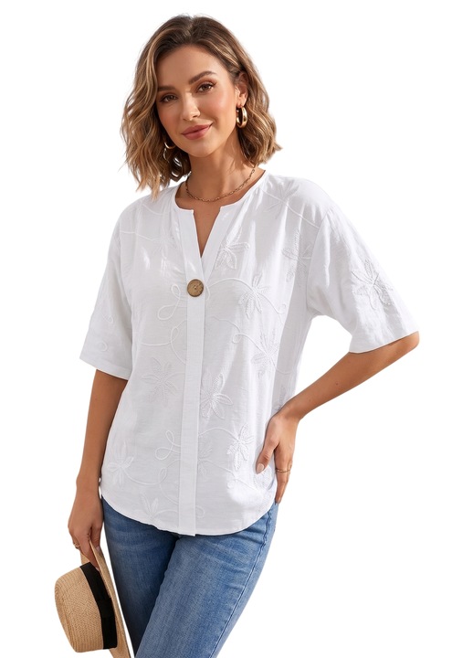 Bluza dama tip Ie alba cu broderie florala, M/L