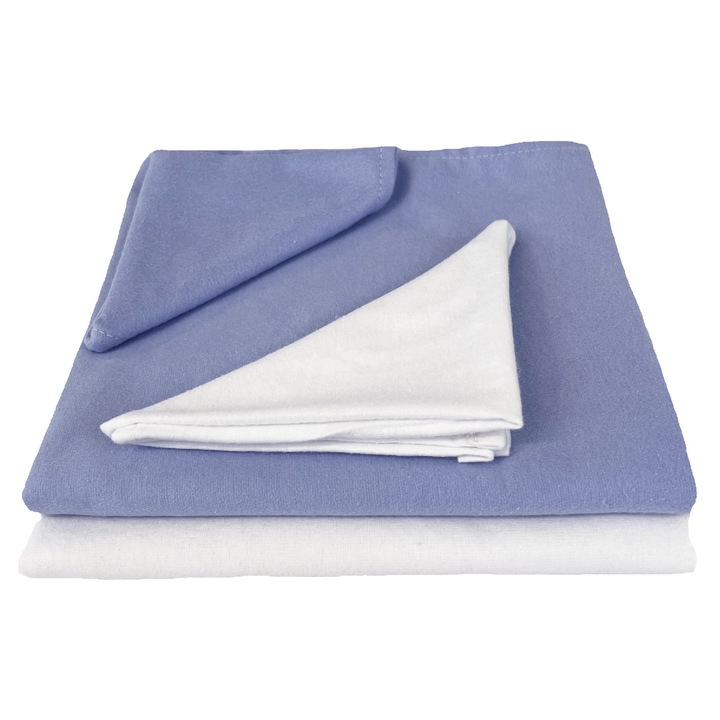 Set 2 bucati scutec de infasat bebe, 100x100cm, finet, cu 2 lavete, model uni, alb/bleu inchis