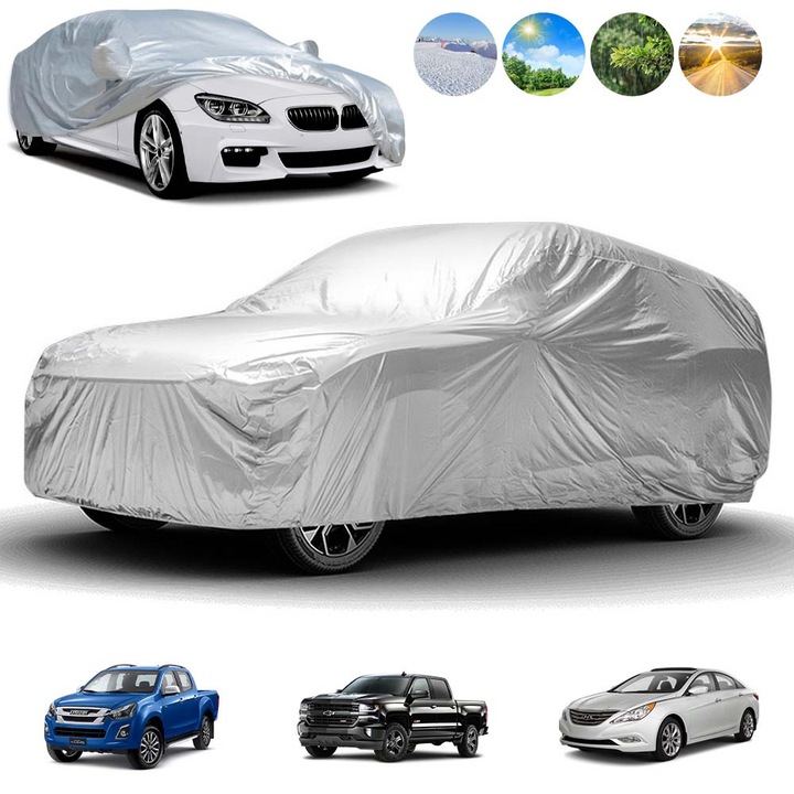 Prelata Auto Premium, protectie 4 anotimpuri, Protectie UV, Anti-Praf, Anti-Ploaie si Zapada, PEVA, 580x175x120cm, Accesorii Masina Huse Exterior, design cu banda elastica, Usor de instalat si demontat, Aplicabil la majoritatea masinilor
