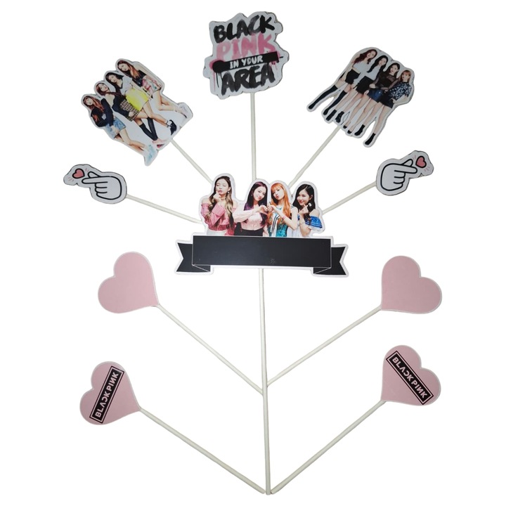 Torta topper dekoráció kartonból, Black Pink tematika, évforduló - 10 darab