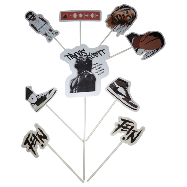 Decoratiune topper tort carton, tematica Travis Scott, aniversare - 9 piese