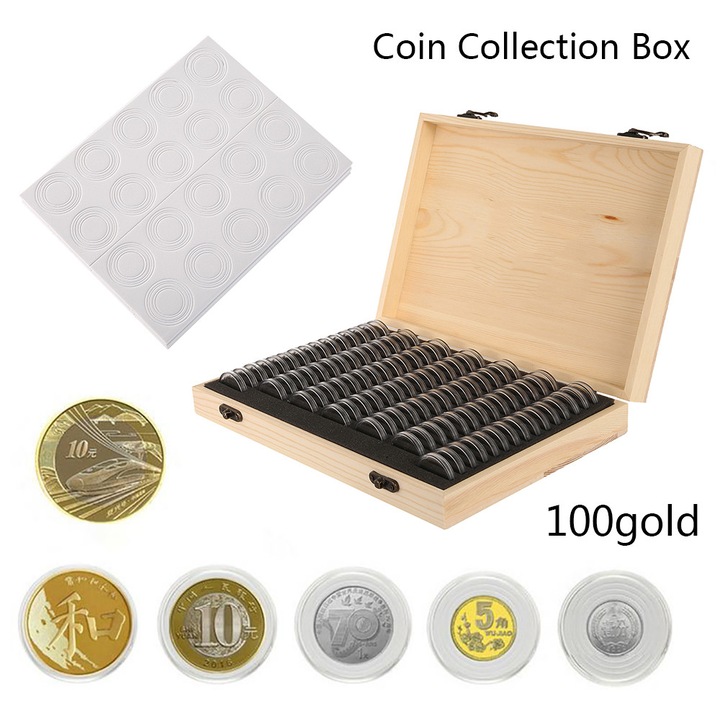 Cutie de depozitare a monedelor din lemn, Bedee, cutie de depozitare a capsulelor pentru monede cu garnitura reglabila, potrivita pentru colectionarii de monede, poate contine 100 de monede