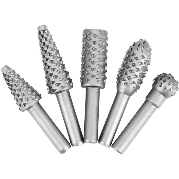 Set 5 piese freze rotative pentru sculptura lemn, otel, negru-argintiu, 40x60mm, coada 6mm