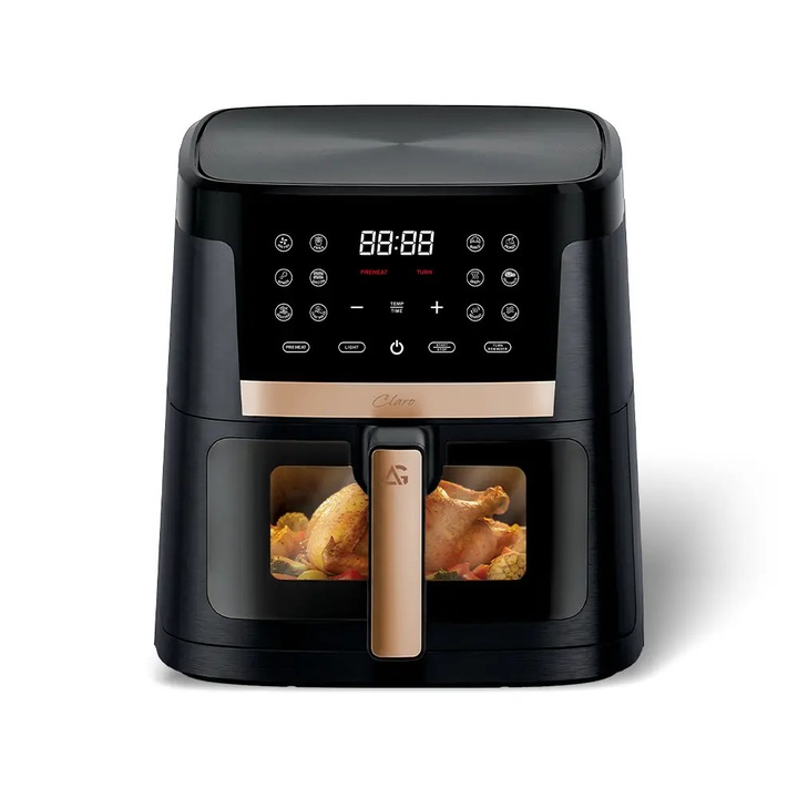 ARSA GO Claro Uno Air Fryer forrólevegős fritőz, 2000W, 8 L kapacitás, 14 automata program, digitális érintőképernyős kijelző, állítható hőmérséklet 80°C - 200°C, időzítő, melegen tartó funkció, fekete