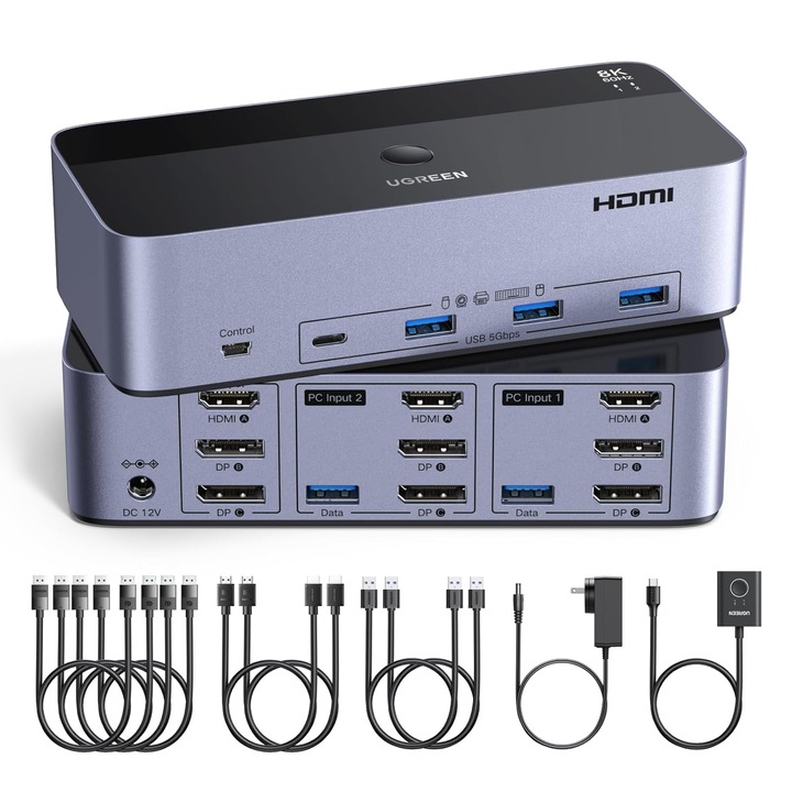 UGREEN KVM kapcsoló 2 PC-hez és 3 monitorhoz, HDMI 2.1 + 2x DisplayPort 1.4, 8K@60Hz / 4K@240Hz felbontás, 4 USB 3.0 5Gbps port, asztali vezérlő és kapcsoló gomb, Windows/Linux kompatibilis, HDR10, G-Sync, VRR, kábelekkel együtt