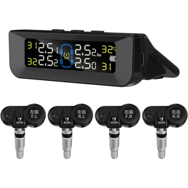 Sistem monitorizare presiune anvelope wireless cu 4 senzori interni, ecran LCD, incarcare solara si USB, negru, 16x14x6cm