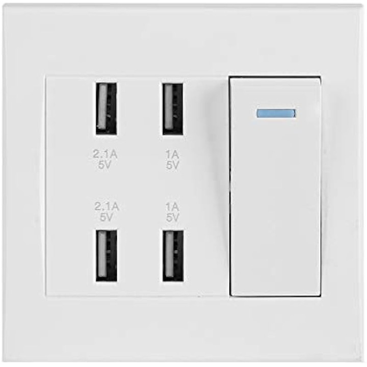 USB стенен контакт с 4 порта и превключвател, защита от пренапрежение, бял, 220x250V
