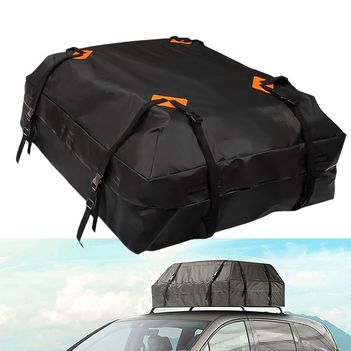 Portbagaj auto plafon, Dnntunk, Portbagaj de acoperis tip geanta, pliabil, portabil, protectie 100% Impotriva Intemperiilor, cu prindere ajustabila universala, pentru orice dimensiune de masina sau SUV, 425L, 112x87x44cm, negru
