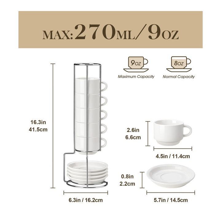 Set 6 cani espresso Malacasa, portelan alb, suport metalic, 270ml