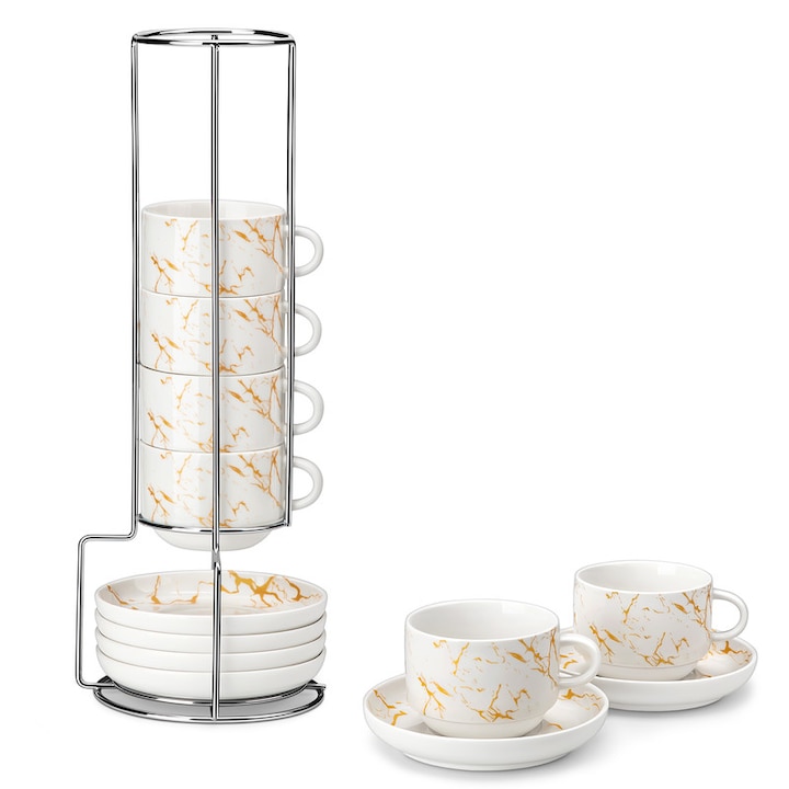 Set cesti espresso Malacasa 6 piese portelan alb auriu 270ml cu suport 16.2x41.5cm