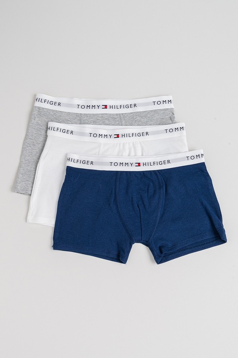 Tommy Hilfiger, Set de boxeri uni cu banda logo in talie - 3 perechi, Albastru inchis/Gri melange/Alb optic