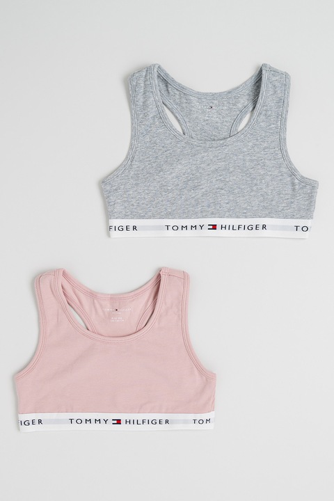 Tommy Hilfiger, Set de bustiere cu banda logo - 2 piese, Gri deschis melange, Roz prafuit, 166 CM