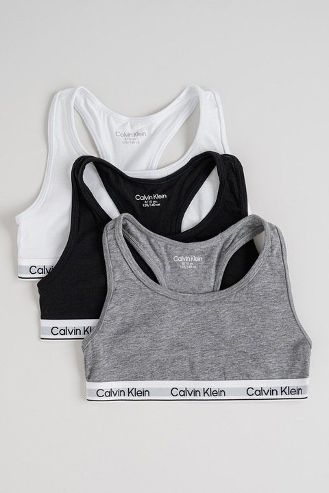 CALVIN KLEIN, Set de bustiere cu banda logo si spate decupat - 3 piese, Negru/Gri inchis melange/Alb optic, 170 CM