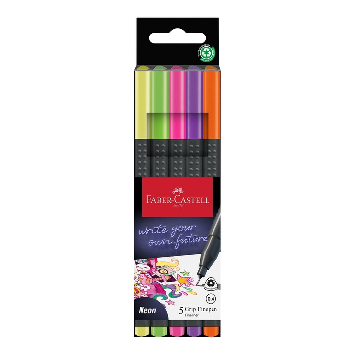 Тънкописец Faber-Castell Grip, 0.4 mm, неонов, 5 цвята
